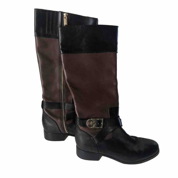 MICHAEL KORS Tall Fulton Black Brown Leather Harness Knee High Boots Women 6.5M - Picture 2 of 16